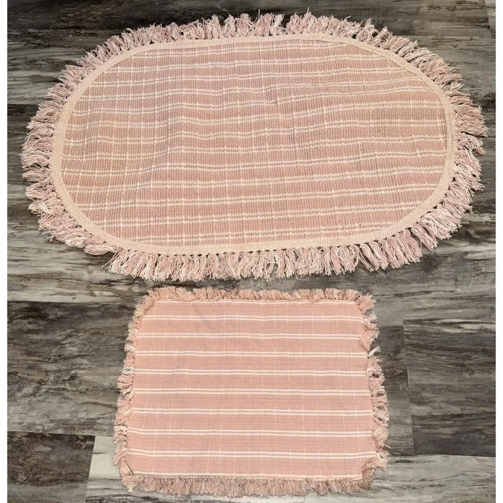 Vintage Woven Pink And White Fringed Cotton Oval Rug And Placemat Cottagecore